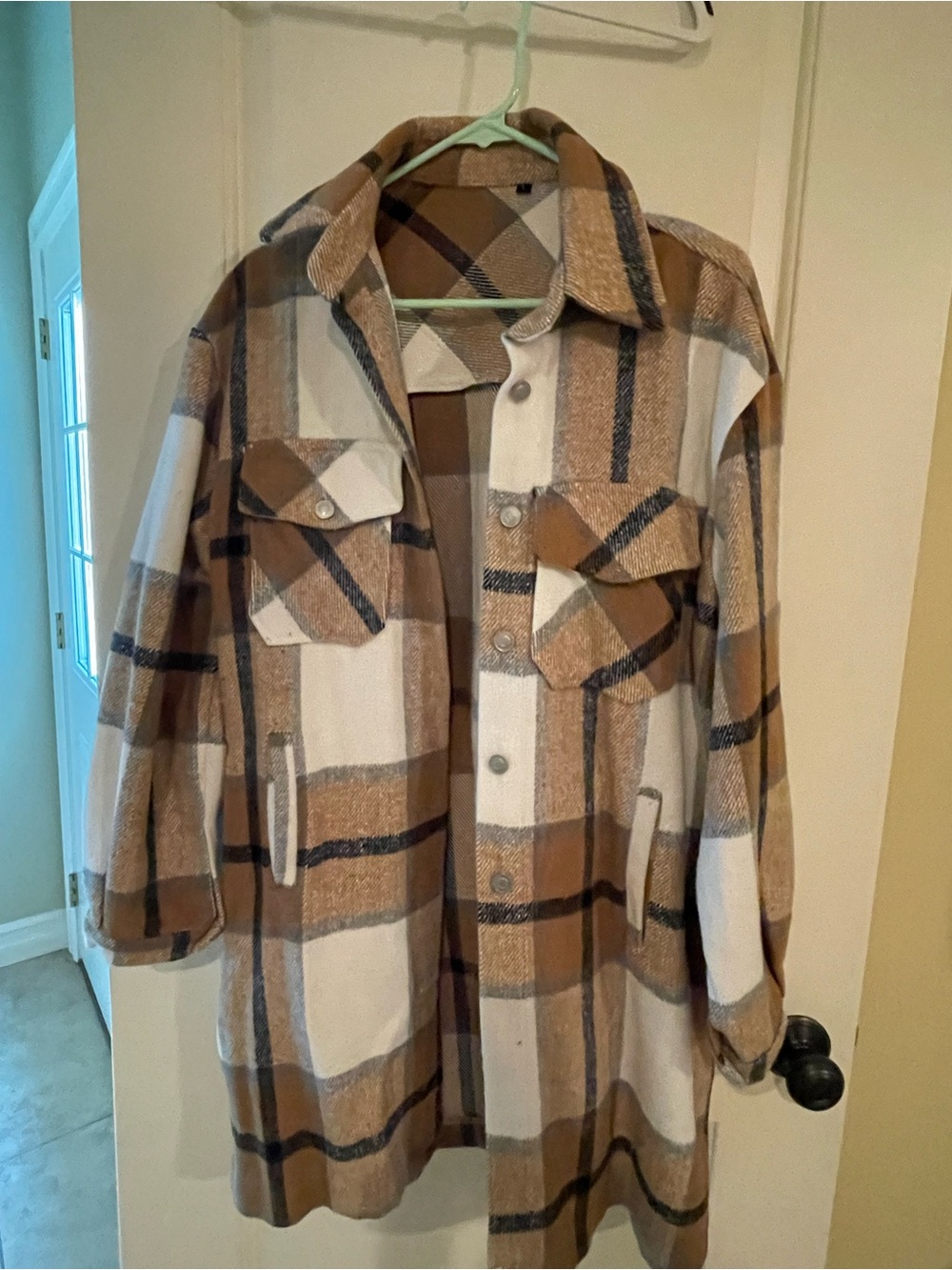 Plaid Button-Front Shacket in Camel and Ivory